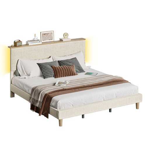 Rent to own Bestier King Size Upholstered Platform Bed Frame with LED Lighting and Adjustable Storage Headboard for Bedroom - Beige