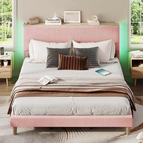 Rent to own Bestier King Size Upholstered Platform Bed Frame with LED Lighting and Adjustable Storage Headboard for Bedroom - Pink