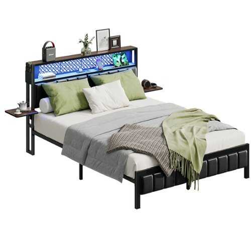 Rent to own Bestier Queen Size Bed Frame with Upholstered Headboard Integrated Storage LED Lighting, and Charging Station - Brown