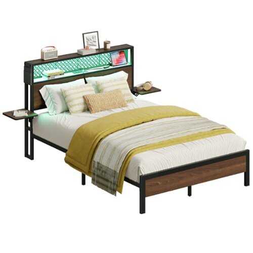 Rent to own Bestier Full Size Metal Platform Bed Frame with LED Storage Headboard and Charging Station - Brown