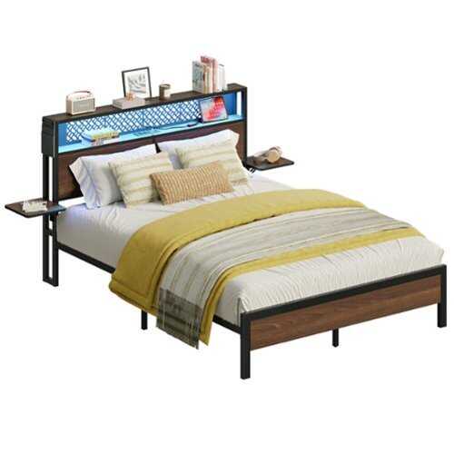 Rent to own Bestier King Size Bed Frame with Headboard LED Platform Bed Frame with Charging Station - Brown