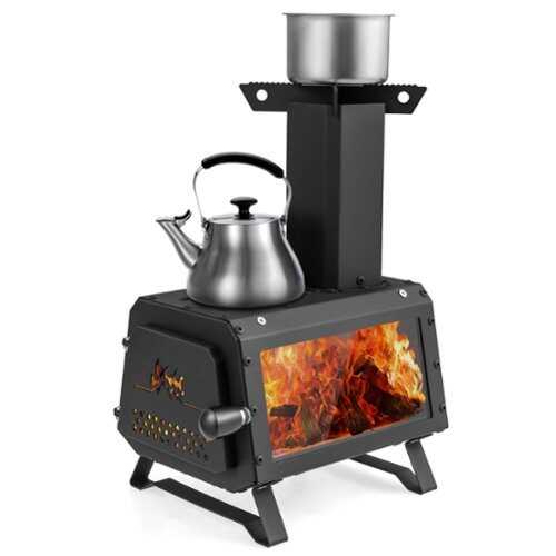 Rent to own Costway - Portable Wood Burning Stove Wood Camping Stove Heater with 2 Cooking Positions - Black