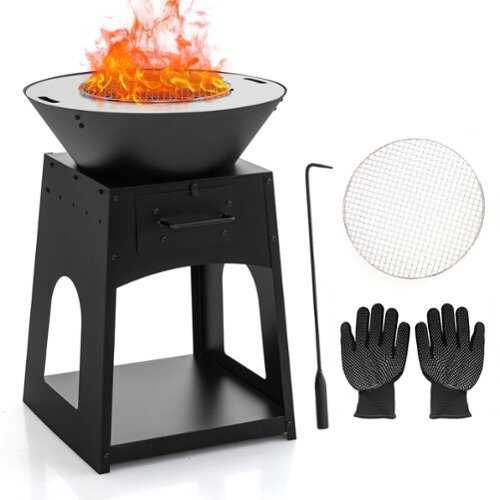 Rent to own Costway 24" Heavy Duty Fire Pit with firewood rack Fire Poker Gloves Grilling Rack Outdoor - Black