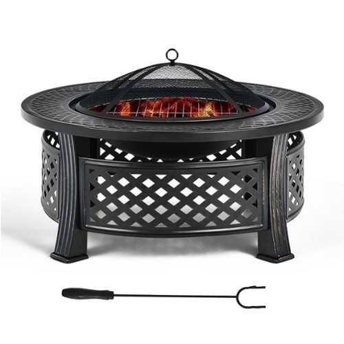 Rent to own Costway 32'' Round Fire Pit Set W/ Rain Cover BBQ Grill Log Grate Poker - Black