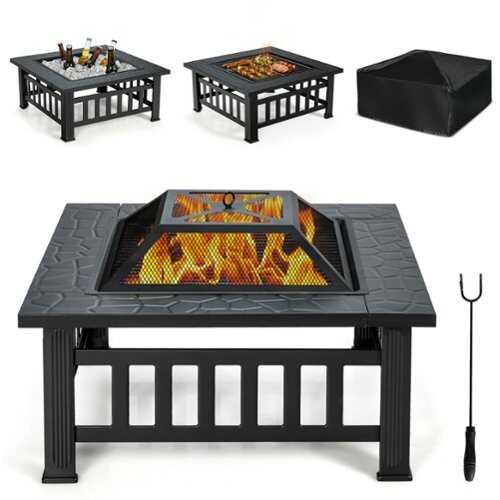 Rent to own Costway 32'' 3 in 1 Outdoor Square Fire Pit Table W/ BBQ Grill, Rain Cover for Camping - Black