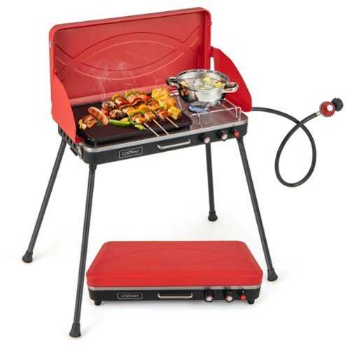 Rent to own Costway 2-in-1 Propane Grill 2 Burner Camping Gas Stove Portable with Removable Leg Red - Red