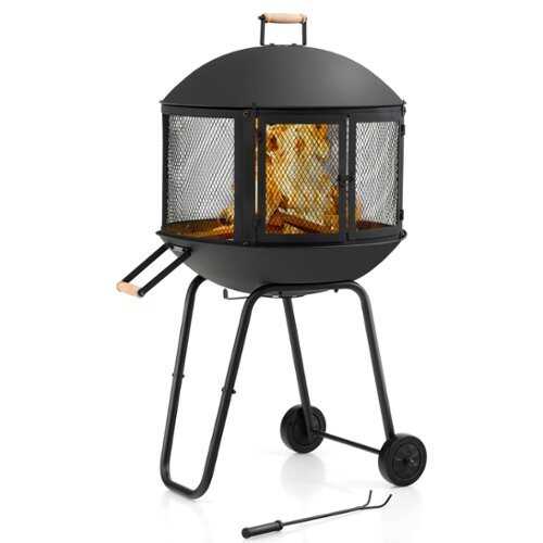 Rent to own Costway 28" Patio Rolling Fire Pit Wood Burning Firepit w/ Wheels Mobile Fireplace - Black