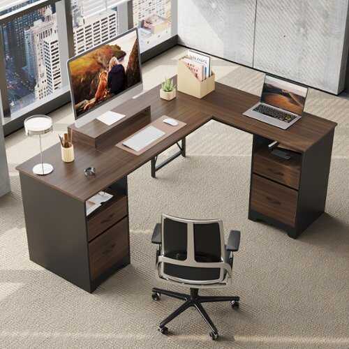 Rent to own Bestier 63-inch L-Shaped Gaming Desk with Two File and Storage Drawers Corner Executive Desk for Home Office - Cherry