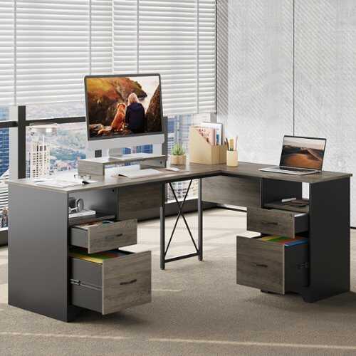 Rent to own Bestier 63-inch L-Shaped Gaming Desk with Two File and Storage Drawers Corner Executive Desk for Home Office - Gray