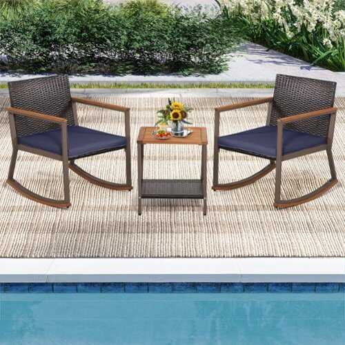 Rent to own Costway 3 PCS Patio Rattan Rocking Chair Bistro Set Armrest Cushion Table with Storage Shelf - Navy