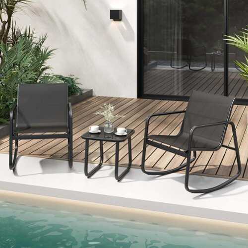 Rent to own Costway 3 Piece Patio Rocking Set 2 Rocking Bistro Chairs & Glass-Top Table for Porch - Black