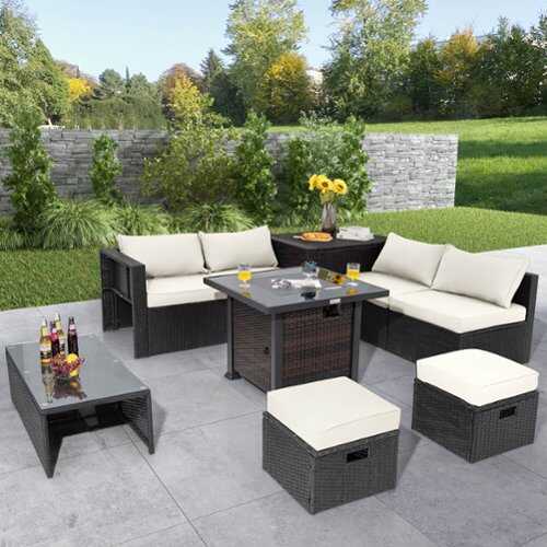 Rent to own Costway 9 PCS Patio Furniture Set with 32" Fire Pit Table 50,000 BTU Square Propane Fire Pit - White