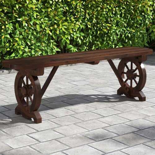 Rent to own Costway Patio Rustic Wood Bench with Wagon Wheel Base Slatted Seat Design 710 LBS Max Load - Natural