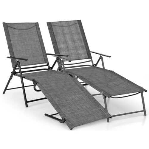 Rent to own Costway 2 Piece Patio Folding Chaise Lounge Chairs with 6-Level Backrest Reclining Chairs - Gray