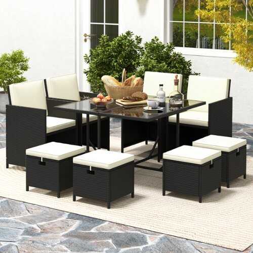 Rent to own Costway 9 PCS Outdoor Dining Furniture Set Patio Conversation Set with Cushioned Seat - Black + White