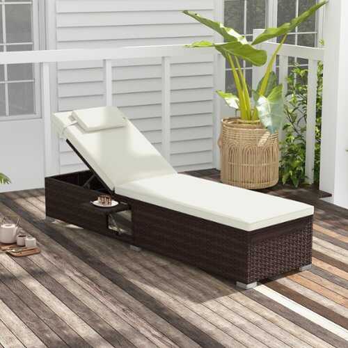 Rent to own Costway 1 PCS Patio Chaise Lounge with 6-level Backrest, Comfy Seat Cushion & Headrest - Mix Brown + Off White