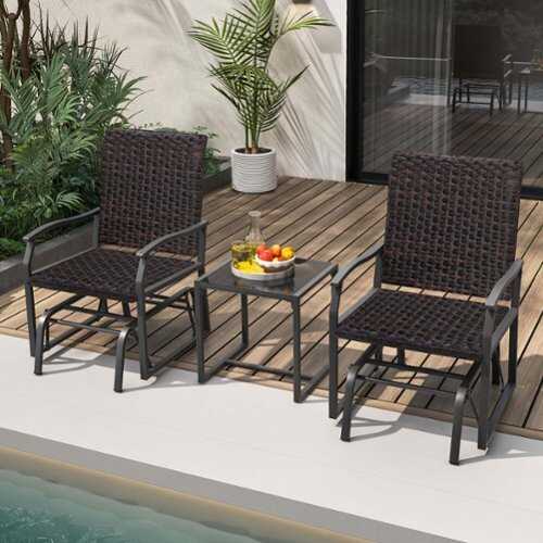 Rent to own Costway 3 PCS Patio Gliding Set with Tempered Glass Coffee Table Quick Dry Foam Wicker All Weather - Mix Brown