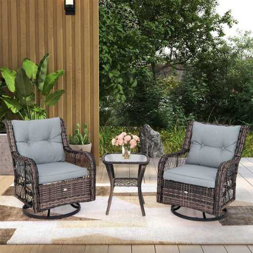 Rent to own Costway 3 PCS Patio Furniture Set Rocking Chairs Set of 2 with Glass Top Side Table - Mix Brown + Grey
