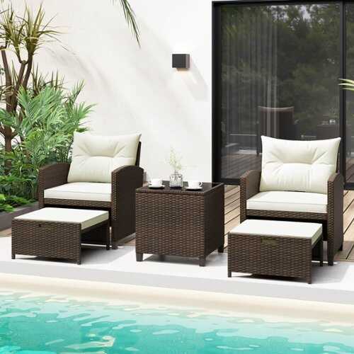 Rent to own Costway 5 Piece Patio Rattan Furniture with 2 Ottomans & Tempered Glass Coffee Table - Off White + Mix Brown