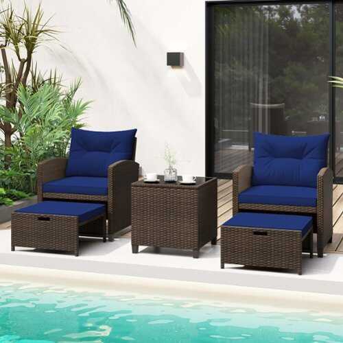 Rent to own Costway 5 PCS Patio Rattan Furniture with 2 Wicker Ottomans & Tempered Glass Coffee Table - Navy + Mix Brown