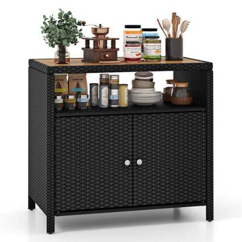 Rent to own Costway Patio Rattan Storage Cabinet with Acacia Wood Countertop Open Shelf 2 Door Cabinet - Black + Natural