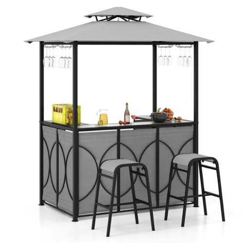 Rent to own Costway 3 PCS Patio Bar Set with Tempered Glass Bar Table Metal Storage Shelves for Garden - Gray