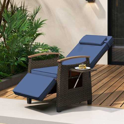 Rent to own Costway 1 PCS Patio Wicker Recliner Chair with Adjustable Backrest Footrest Flip Side Table - Navy