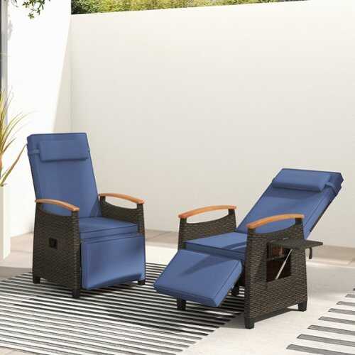 Rent to own Costway 2 PCS Patio Wicker Recliner Chair with Adjustable Backrest Footrest Flip Side Table - Navy