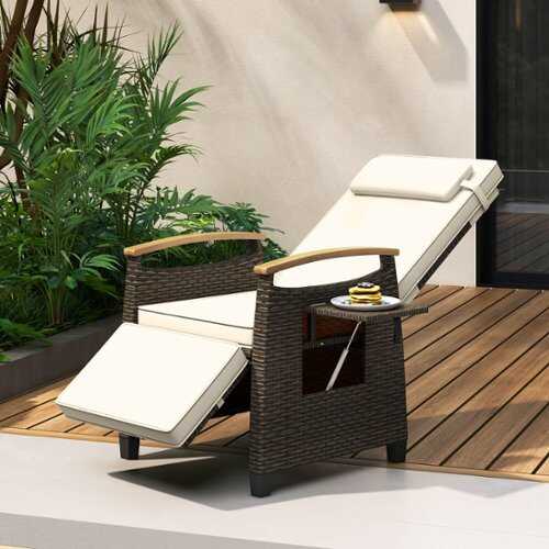 Rent to own Costway 1 PCS Patio Wicker Recliner Chair with Adjustable Backrest Footrest Flip Side Table - White