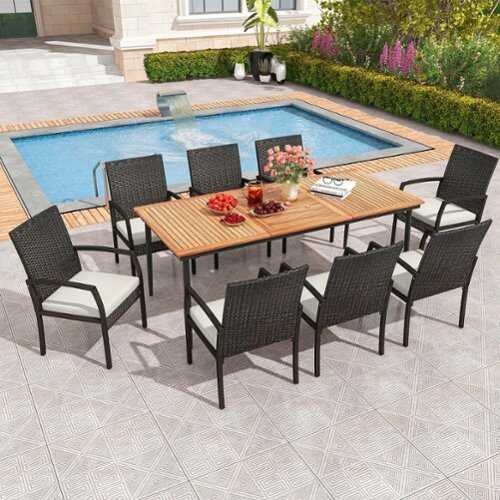 Rent to own Costway 9 PCS Patio Dining Set Outdoor Acacia Wood Dining Table with 1.9" Umbrella Hole - Natural & Black,Mix Brown,Off White