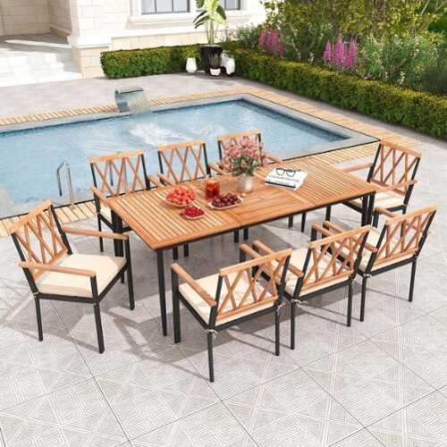 Rent to own Costway 9 PCS Patio Dining Set Table with 1.9" Umbrella Hole & 8 Dining Chairs Outdoor - Natural & Black
