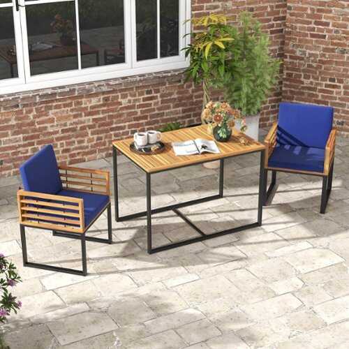 Rent to own Costway 3 PCS Patio Dining Table Set with Bistro Chairs Large Coffee Table Seat Cushions - Navy Blue