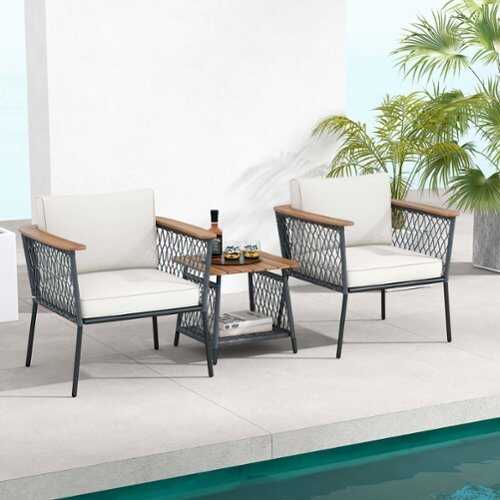 Rent to own Costway 3 PCS Patio Furniture Set with 2-Tier Coffee Table Acacia Wood Armrests Tabletop - Gray,Off White