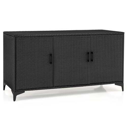 Rent to own Costway 84 Gallon 3-Door Patio Wicker Storage Cabinet Deck Box with Removable Shelves - Black