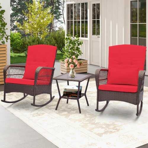 Rent to own Costway 3 PCS Patio Rocker Set Outdoor Wicker Rocking Chairs with Double-Layer Coffee Table - Red