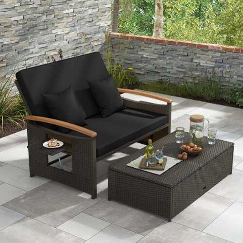 Rent to own Costway Patio Rattan Daybed Set with Cushioned Loveseat & Storage Ottoman for Porch - Black