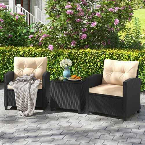 Rent to own Costway 3 PCS Patio Furniture Set with Tempered Glass Coffee Table Washable Cushions Beige - Beige,Black