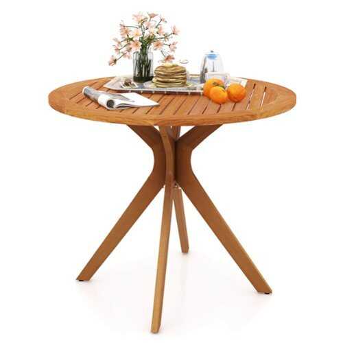 Rent to own Costway 35.5 Inch Patio Wood Dining Table with Slatted Tabletop & Curved Legs for Backyard - Natural