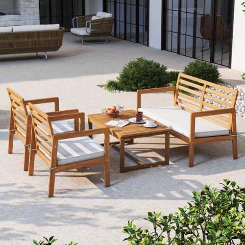 Rent to own Costway 4 PCS Wood Patio Furniture Set with Soft Seat Cushions Solid Acacia Wood Frame - Off White,Natural