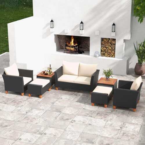 Rent to own Costway 7 PCS Patio Furniture Set with Loveseat Armchairs Ottomans & Storage Table - Black,White