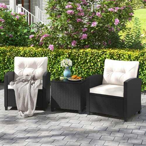 Rent to own Costway 3 PCS Patio Furniture Set with Tempered Glass Coffee Table Washable Cushions Off White - Off White,Black