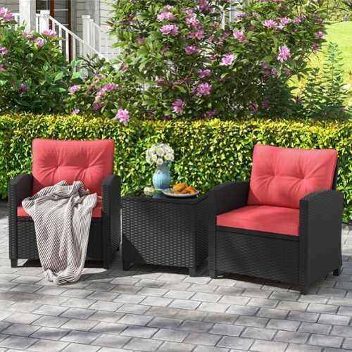 Rent to own Costway 3 PCS Patio Furniture Set with Tempered Glass Coffee Table Washable Cushions Red - Red,Black