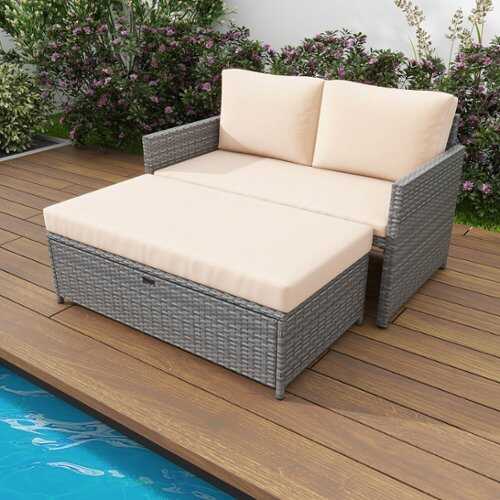 Rent to own Costway 2 PCS Patio Loveseat with 31 Gal Multifunctional Storage Ottoman and Soft Cushions - Mix Gray,Brown