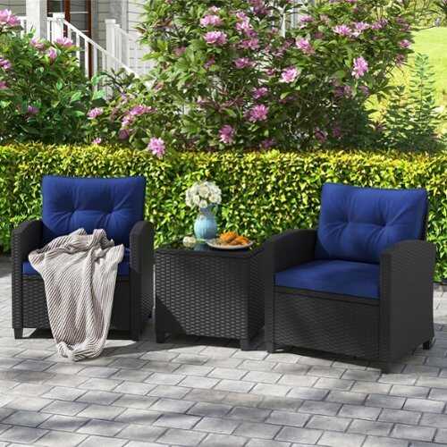 Rent to own Costway 3 PCS Patio Furniture Set with Tempered Glass Coffee Table Washable Cushions Navy - Navy,Black