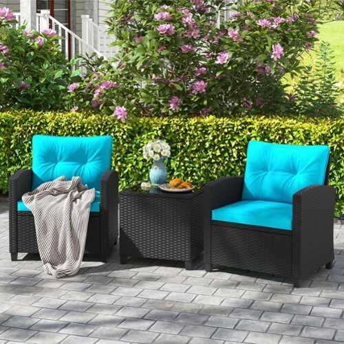 Rent to own Costway 3 PCS Patio Furniture Set with Tempered Glass Coffee Table Washable Cushions Turquoise - Turquoise,Black