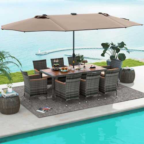 Rent to own Costway 11 PCS Patio Dining Set with 15 ft Double-Sided Patio Umbrella 8 Armchairs Beige - Mix Gray,Beige,Tan