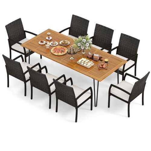 Rent to own Costway 9 PCS Outdoor Patio Dining Set Armchairs Set of 8 and Acacia Wood Square Table - Mix Brown,Off White