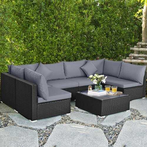 Rent to own Costway 7 PCS Patio Rattan Sofa Set Sectional Conversation Furniture Set Garden Outdoor Gray - Gray +Black