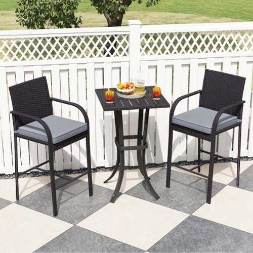 Rent to own Costway 3 PCS Patio Wicker Bar Set Rattan Chairs & Square Table with Heavy-Duty Metal Frame - Black,Gray