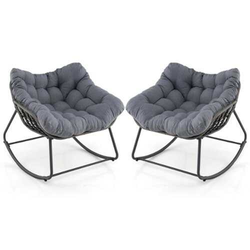 Rent to own Costway 2 PCS Outdoor Rocking Chair Oversized Patio PE Wicker Egg Chair Rattan Lounge Chair - Gray + Mix Gray